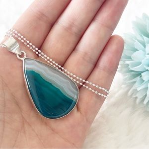 Teal Lace Onyx Gemstone Pendant Necklace Sterling Silver 925 Pear Cut New